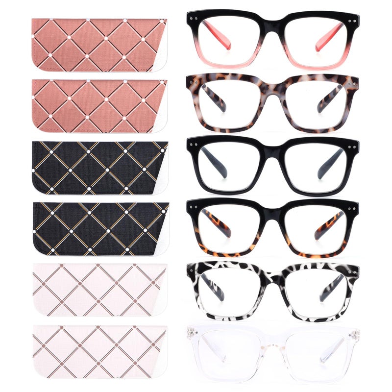 CHOFILORD 6 Pack Fashion Reading Glasses for Women Men Blue Light Blocking Oversized Square Readers with Spring Hinge 6 Pack Mix 00